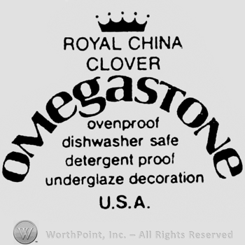 Royal China Clover written below a crown. Omegastone curved written above a set of characteristics. U.S.A written below