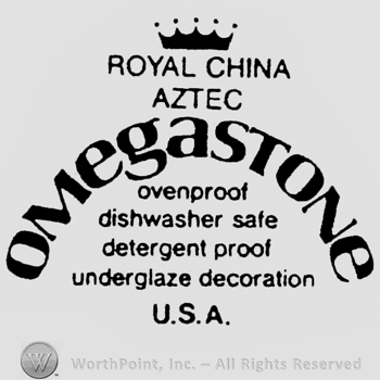 Royal China Aztec written below a crown. Omegastone curved written above a set of characteristics. U.S.A written below