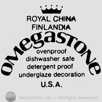 Royal China Finlandia written below a crown. Omegastone curved written above a set of characteristics. U.S.A written below