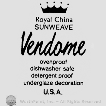 Royal China Sunweave written below a crown. Vendame handwritten above a set of characteristics. U.S.A written below
