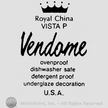 Royal China Vista P written below a crown. Vendame handwritten above a set of characteristics. U.S.A written below