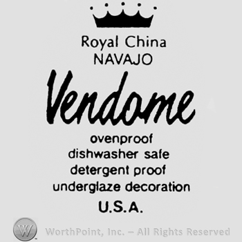 Royal China Fantasy written below a crown. Vendame handwritten above a set of characteristics. U.S.A written below