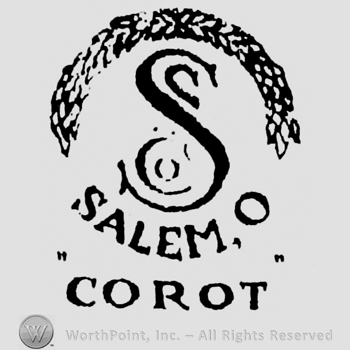 Semi circle of laurels above stylized initial S. Salem O Carot written below on 2 lines