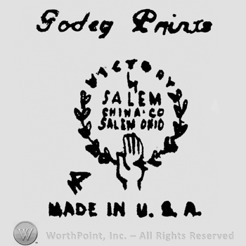 Godes Prints written above, Made in U.S.A written below a circle  outspread by a hand. The circle si formed by Victory written above, and laurels below. Inside the circle is written: by Salem China Co. Salem, Ohio