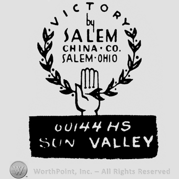 Victory written on top, by Salem China Co Salem Ohio written under in a semi circle of laurels outspreded by a hand. Sun Valley is written below inside a black rectangle