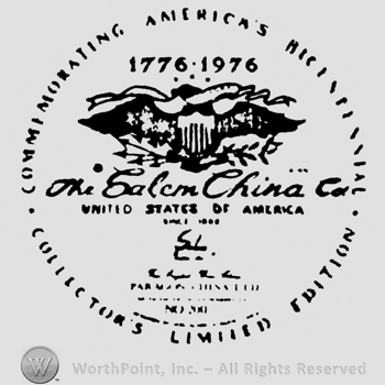 An eagle above the writing: The Salem China Co. 1776 - 1976 writtn above the eagle. All inside a circle formed by writings