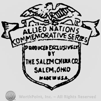 Eagle above a shield.  On the shield is a ribbon on which is written: Allied Nations Commemorative Series. On the shield is written: Produced Exclusively by The Salem China Co, Salem Ohio. Made in U.S.A.