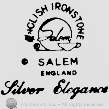 English Ironstone: curved written above a plate on which is written Salem, next to a coffee cup. Sale England is written below followed by Silver Elegance