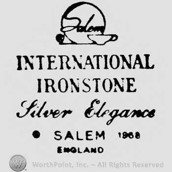 Salem written on a plate, next to a coffee cup. International Ironstone written below. Silver Elegance: handwritten under. Ending with: Salem 1968 England