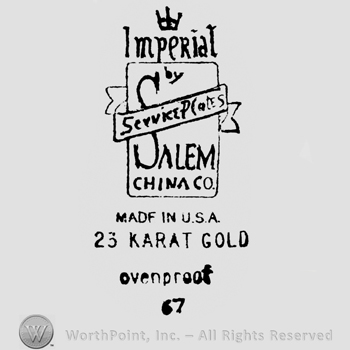 Crowned Imperial above. Service Plates is written on the ribbon. Salem China Co is written inside the rectangle below. Made in U.S.A. 23 Karat Gold, ovenproof written on the bottom