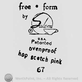 Free form written above a plate with Salem written on, having a coffee cup on he right. U.S.A. Patented ovenproof hop scotch pink written below