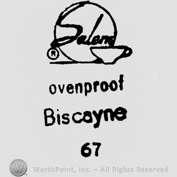 Salem written on a plate, having a coffee cup on the right. Ovenproof Biscayne written below