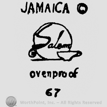 Salem written on a plate, having a coffee cup on the right. Ovenproof 67 written below. Jamaica written on top