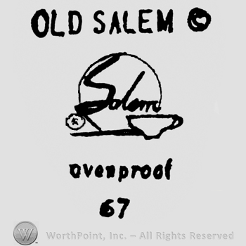 Salem written on a plate, having a coffee cup on the right. Ovenproof 67 written below. Old Salem written on top