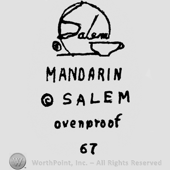 Salem written on a plate, having a coffee cup on the right. Mandarin Salem Ovenproof written below