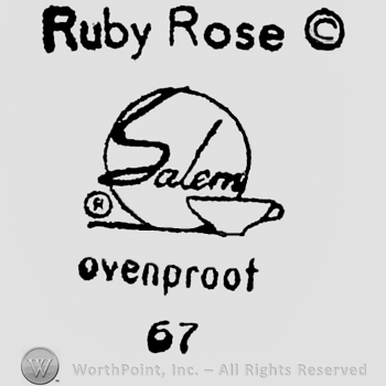 Salem written on a plate, having a coffee cup on the right. Ovenproof 67 written below. Ruby Rose written on top
