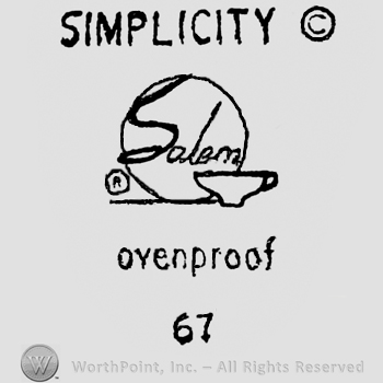 Salem written on a plate, having a coffee cup on the right. Ovenproof 67 written below. Simplicity written on top