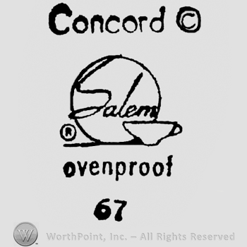 Salem written on a plate, having a coffee cup on the right. Ovenproof 67 written below. Concord written on top