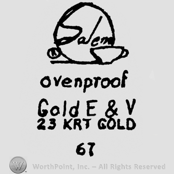 Salem written on a plate, having a coffee cup on the right. Ovenproof Gold E & V 23 krt Gold 67 written below