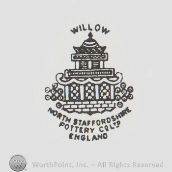 Willow with uppercase letters over a building that resimbles a chinese pagoda, North Staffordshire Pottery Co Ltd England written below with uppercase letters