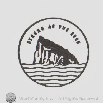 Island coming out of the water, Strong as the Rock written above with uppercase letters, all inside a circle
