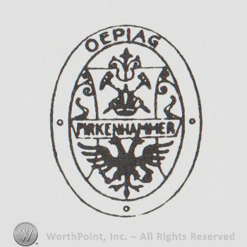 oval logo with "oepiag pirkehammer", two-headed griffon and other ornaments