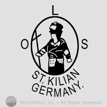 oval logo with a priest holding a cross, uppercase OLS written outside the logo, St. Kilian Germany written below with uppercase letters