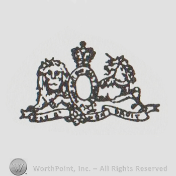Crown over an oval, lion and unicorn on sides, ribbon with writing below