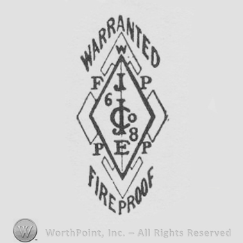 Warranted Fireproof written with uppercase letters above and below a diamond with upercase JE Co inside, numbers 6 and 8, uppercase FPPP on the four sides, uppercase W on top of the diamond