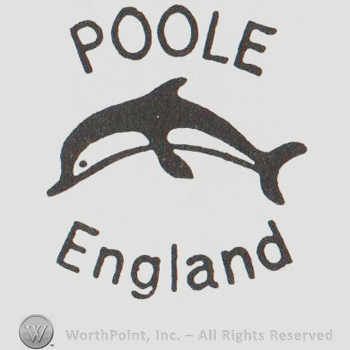 Uppercase Poole written over a dolphin, England written below with lowercase letters