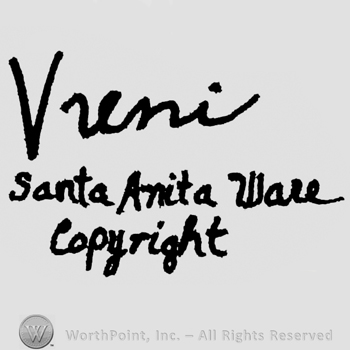 Vreni: hand lettered above. Santa Anita Ware Copyright: written below