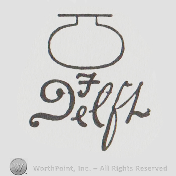 simple design of an urn with number 7 and the word "Delft" handwritten under
