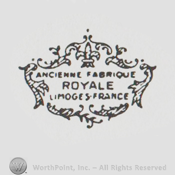 cartouche design with fleur de lis over Ancienne Fabrique Royale Limoges-France written with uppercase letters