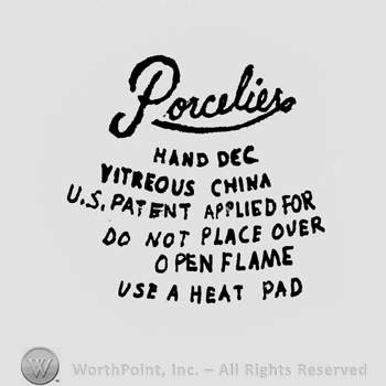 handwriting PORCELIER underlined and words HAND DEC, VITREOUS CHINA, U.S. PATENT, DO NOT PLACE OVER OPEN FLAME, USE A HEAT PAD UNDER