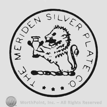 Curved capital writing The Meriden Silver Plate Co around lion holding cup all inside a circle