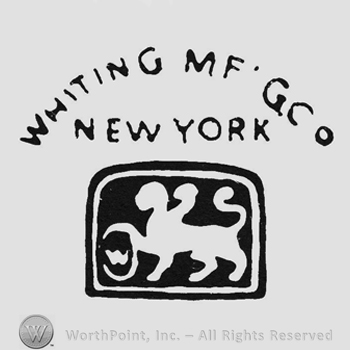 Curved capital writing Whiting MF Gco New York up white animal shape inside a black rectangle