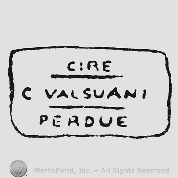 Label writing Cire up underlined C Valsuani under underlined Perdue under all capital letters