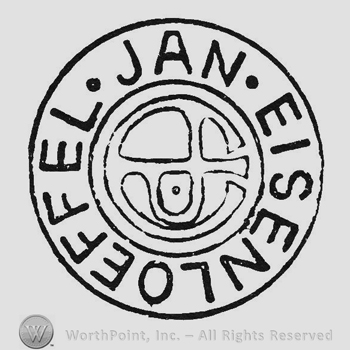 Monogram of hollow letters CJE surrounded by circular label writing Jan Eisenloeffel in capital letters