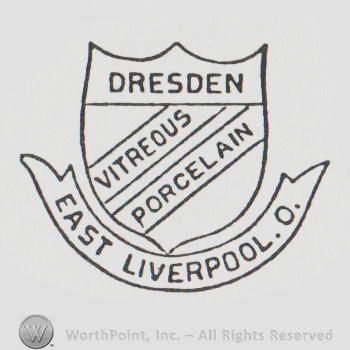 Dresden Vitreous Porcelain written with uppercase letters on a shield, East Liverpool O. written with uppercase letters on a ribbon below