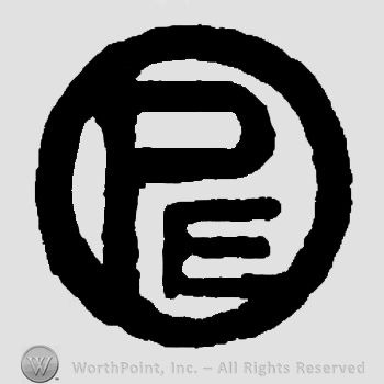Bold monogram of letters PE iniside a circle