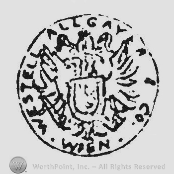 Curved capital writing Westell Allgayer & Co Wien around eagle with shield over all inside a circle