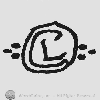 Monogram of letters GL inside a circle dots outside