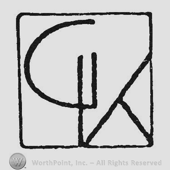 Monogram of letters GK inside a square