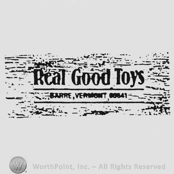 Real Good Toys written above, underlined, Barre Vermont 05641 written below,on wood
