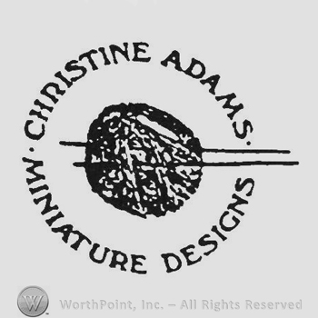 Christine Adams curved written above, Miniature Designs curved written below a ball with knitting needles