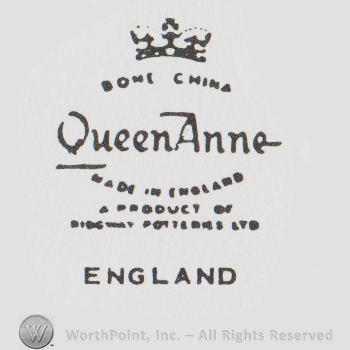 a crown above "bone china queen anne made in england"
