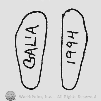 Capital writing Galia and1994 on bottom of feet