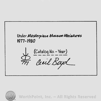 Label writing Under Masterpiece Museum Miniatures 1977 - 1980 Catalog no Year Cecil Boyd
