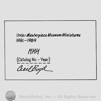 Label writing Under Masterpiece Museum Miniatures 1981 - 1989 MMM Catalog no Year Cecil Boyd