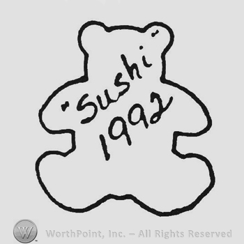 Oblique handwriting Sushi 1992 inside a teddy bear